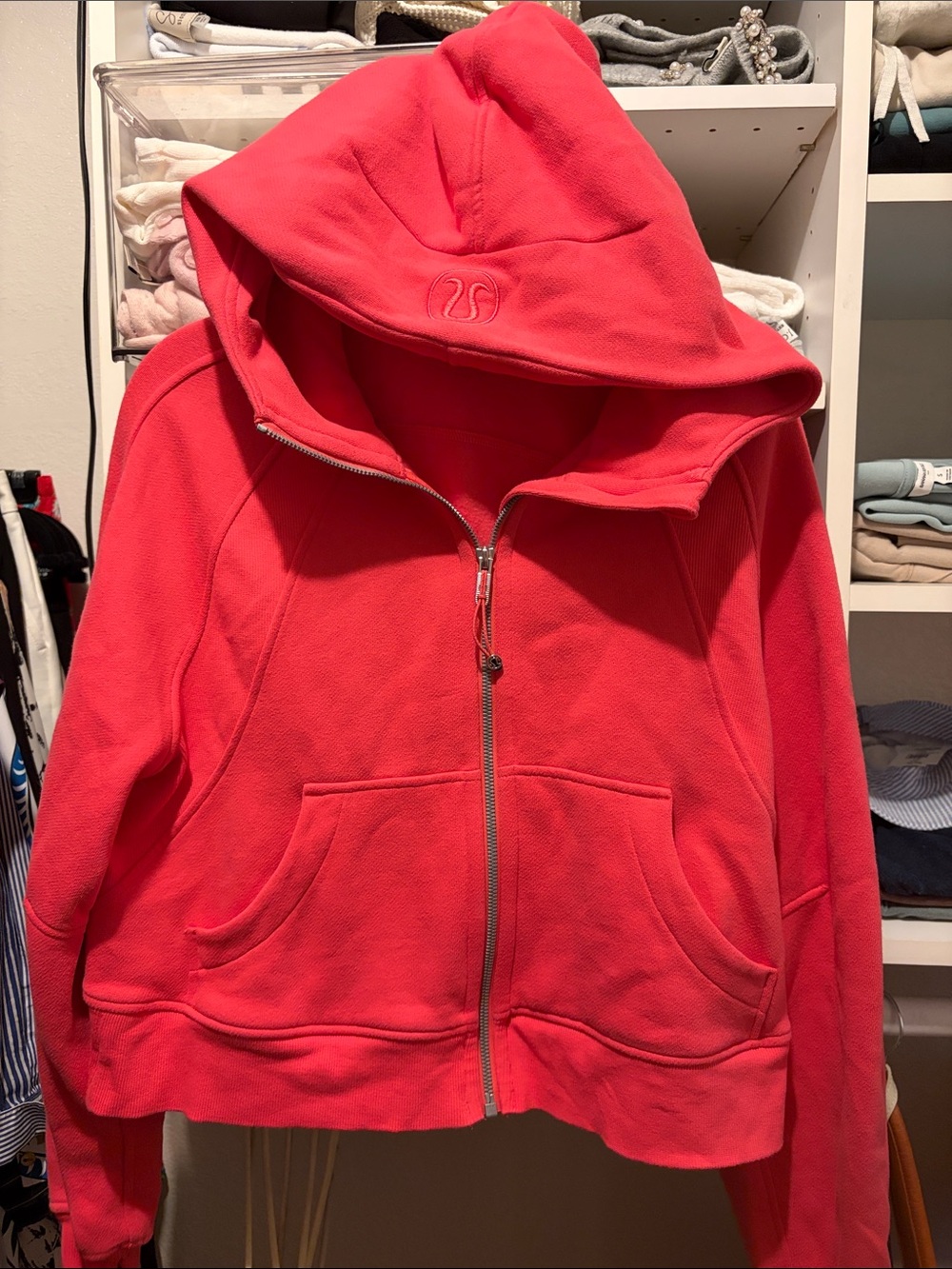 Women’s Coral Pink crop Scuba Zip-Front Hoodie.